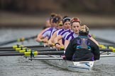 The Boat Race season 2017 - Women's Boat Race Fixture CUWBC vs Univerity of London: The UL eigth, cox - Lauren Holland, stroke - Robyn Hart-Winks, 7 - Ally French, 6 - Georgia Stratham, 5 - Charlotte Hodgkins-Byrne, 4 - Sara Parfett, 3 - Fionnuala Gannon, 2 - Catherine Ador, bow - Emily Wilks.
River Thames between Putney Bridge and Mortlake,
London SW15,

United Kingdom,
on 19 February 2017 at 16:04, image #80