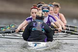 The Boat Race season 2017 - Women's Boat Race Fixture CUWBC vs Univerity of London: The UL eigth, cox - Lauren Holland, stroke - Robyn Hart-Winks, 7 - Ally French, 6 - Georgia Stratham, 5 - Charlotte Hodgkins-Byrne, 4 - Sara Parfett, 3 - Fionnuala Gannon, 2 - Catherine Ador, bow - Emily Wilks.
River Thames between Putney Bridge and Mortlake,
London SW15,

United Kingdom,
on 19 February 2017 at 16:05, image #83