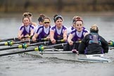 The Boat Race season 2017 - Women's Boat Race Fixture CUWBC vs Univerity of London: The UL eigth, cox - Lauren Holland, stroke - Robyn Hart-Winks, 7 - Ally French, 6 - Georgia Stratham, 5 - Charlotte Hodgkins-Byrne, 4 - Sara Parfett, 3 - Fionnuala Gannon, 2 - Catherine Ador, bow - Emily Wilks.
River Thames between Putney Bridge and Mortlake,
London SW15,

United Kingdom,
on 19 February 2017 at 16:07, image #91