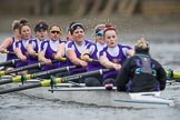 The Boat Race season 2017 - Women's Boat Race Fixture CUWBC vs Univerity of London: The UL eigth, cox - Lauren Holland, stroke - Robyn Hart-Winks, 7 - Ally French, 6 - Georgia Stratham, 5 - Charlotte Hodgkins-Byrne, 4 - Sara Parfett, 3 - Fionnuala Gannon, 2 - Catherine Ador, bow - Emily Wilks.
River Thames between Putney Bridge and Mortlake,
London SW15,

United Kingdom,
on 19 February 2017 at 16:08, image #93