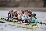 The Boat Race season 2017 - Women's Boat Race Fixture CUWBC vs Univerity of London: The first part of the fixture ended at Hammersmith Brdige, CUWBC (bow - Claire Lambe, 2 - Kirsten Van Fosen, 3 - Ashton Brown, 4 - Imogen Grant, 5 - Holy Hill, 6 - Melissa Wilson, 7 - Myriam Goudet, stroke - Alice White, cox - Matthew Holland) during a debrief from their coaches.
River Thames between Putney Bridge and Mortlake,
London SW15,

United Kingdom,
on 19 February 2017 at 16:14, image #102