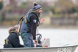 The Boat Race season 2017 - Women's Boat Race Fixture CUWBC vs Univerity of London: CUWBC coach Rob Baker in the tin boat during the debrief after the first part of the fixture.
River Thames between Putney Bridge and Mortlake,
London SW15,

United Kingdom,
on 19 February 2017 at 16:14, image #104