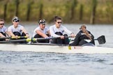 The Cancer Research UK Boat Race season 2017 - Women's Boat Race Fixture OUWBC vs Molesey BC: The Molesey boat, here 5 Katie Bartlett, 6 Elo Luik, 7 Gabriella Rodriguez, stroke Ruth Whyman, cox Anna Corderoy.
River Thames between Putney Bridge and Mortlake,
London SW15,

United Kingdom,
on 19 March 2017 at 16:06, image #96