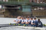 The Cancer Research UK Boat Race season 2017 - Women's Boat Race Fixture OUWBC vs Molesey BC: The OUWBC boat - bow Alice Roberts, 2 Beth Bridgman, 3 Rebecca Te Water Naude, 4 Rebecca Esselstein, 5 Chloe Laverack, 6 Harriet Austin, 7 Jenna Hebert, stroke Emily Cameron, cox Eleanor Shearer.
River Thames between Putney Bridge and Mortlake,
London SW15,

United Kingdom,
on 19 March 2017 at 16:06, image #97