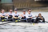 The Cancer Research UK Boat Race season 2017 - Women's Boat Race Fixture OUWBC vs Molesey BC: The Molesey boat, here 4 Claire McKeown, 5 Katie Bartlett, 6 Elo Luik, 7 Gabriella Rodriguez, stroke Ruth Whyman, cox Anna Corderoy.
River Thames between Putney Bridge and Mortlake,
London SW15,

United Kingdom,
on 19 March 2017 at 16:07, image #99