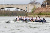 The Cancer Research UK Boat Race season 2017 - Women's Boat Race Fixture OUWBC vs Molesey BC: OUWBC half a length behind Molesey just before the finish line  - bow Alice Roberts, 2 Beth Bridgman, 3 Rebecca Te Water Naude, 4 Rebecca Esselstein, 5 Chloe Laverack, 6 Harriet Austin, 7 Jenna Hebert, stroke Emily Cameron, cox Eleanor Shearer.
River Thames between Putney Bridge and Mortlake,
London SW15,

United Kingdom,
on 19 March 2017 at 16:25, image #158