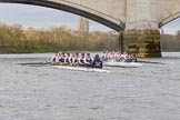 The Cancer Research UK Boat Race season 2017 - Women's Boat Race Fixture OUWBC vs Molesey BC: At the finish line of the second part of the fixture, Molesey is about a length ahead of Oxford.
River Thames between Putney Bridge and Mortlake,
London SW15,

United Kingdom,
on 19 March 2017 at 16:26, image #164