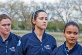 The Boat Race season 2017 -  The Cancer Research Women's Boat Race: OUWBC's 4 seat 4 Rebecca Esselstein, 5 seat Chloe Laverack, and 7 seat Jenna Hebert at the toss.
River Thames between Putney Bridge and Mortlake,
London SW15,

United Kingdom,
on 02 April 2017 at 14:40, image #24