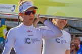 The Boat Race season 2017 -  The Cancer Research Women's Boat Race: CUWBC carrying the Cambridge boat from the boat house to the river, on the left 2 seat Imogen Grant, on the right bow Ashton Brown.
River Thames between Putney Bridge and Mortlake,
London SW15,

United Kingdom,
on 02 April 2017 at 15:47, image #57