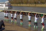 The Boat Race season 2017 -  The Cancer Research Women's Boat Race: CUWBC carrying the Cambridge boat from the boat house and turning it around to put it into the river.
River Thames between Putney Bridge and Mortlake,
London SW15,

United Kingdom,
on 02 April 2017 at 15:47, image #60