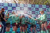 The Boat Race season 2017 -  The Cancer Research Women's Boat Race: CUWBC covered in spray (Cahmpagne, not Thames water) at the price giving.
River Thames between Putney Bridge and Mortlake,
London SW15,

United Kingdom,
on 02 April 2017 at 17:13, image #266