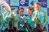 The Boat Race season 2017 -  The Cancer Research Women's Boat Race: CUWBC spraying the Champagne at the price giving.
River Thames between Putney Bridge and Mortlake,
London SW15,

United Kingdom,
on 02 April 2017 at 17:13, image #273