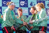 The Boat Race season 2017 -  The Cancer Research Women's Boat Race: CUWBC behind a lot of sprayed Champagne, on the right stroke Melissa Wilson and 4 Anna Dawson.
River Thames between Putney Bridge and Mortlake,
London SW15,

United Kingdom,
on 02 April 2017 at 17:13, image #276