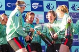 The Boat Race season 2017 -  The Cancer Research Women's Boat Race: CUWBC spraying the Champagne at the price giving.
River Thames between Putney Bridge and Mortlake,
London SW15,

United Kingdom,
on 02 April 2017 at 17:13, image #277