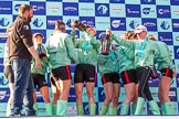 The Boat Race season 2017 -  The Cancer Research Women's Boat Race: CUWBC at the price giving, after spraying four bottles of Chapel Down Champagne.
River Thames between Putney Bridge and Mortlake,
London SW15,

United Kingdom,
on 02 April 2017 at 17:13, image #278