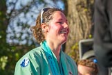 The Boat Race season 2017 -  The Cancer Research Women's Boat Race: CUWBC stroke Melissa Wilson, with lots of Champagne, leaving the price giving.
River Thames between Putney Bridge and Mortlake,
London SW15,

United Kingdom,
on 02 April 2017 at 17:14, image #303