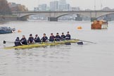 The Boat Race season 2018 - Women's Boat Race Trial Eights (OUWBC, Oxford): "Coursing River" on the way to Putney Bridge before the race: Cox Ellie Shearer, stroke Beth Bridgman, 7 Juliette Perry, 6 Katherine Erickson, 5 Morgan McGovern, 4 Anna Murgatroyd, 3 Stefanie Zekoll, 2 Rachel Anderson, bow Sarah Payne-Riches.
River Thames between Putney Bridge and Mortlake,
London SW15,

United Kingdom,
on 21 January 2018 at 13:49, image #20