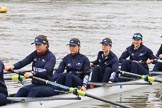 The Boat Race season 2018 - Women's Boat Race Trial Eights (OUWBC, Oxford): "Great Typhoon" on the way to Putney Bridge, before the race: 5 Olivia Pryer, 4 Linda Van Bijsterveldt, 3 Madeline Goss, 2 Laura Depner.
River Thames between Putney Bridge and Mortlake,
London SW15,

United Kingdom,
on 21 January 2018 at 13:49, image #22