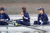 The Boat Race season 2018 - Women's Boat Race Trial Eights (OUWBC, Oxford): "Great Typhoon" on the way to Putney Bridge, before the race: 3 Madeline Goss, 2 Laura Depner, bow Matilda Edwards.
River Thames between Putney Bridge and Mortlake,
London SW15,

United Kingdom,
on 21 January 2018 at 14:20, image #27