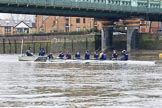 The Boat Race season 2018 - Women's Boat Race Trial Eights (OUWBC, Oxford): "Great Typhoon" with their support crew in the tin boat at Fulham Railway Bridge before the race.
River Thames between Putney Bridge and Mortlake,
London SW15,

United Kingdom,
on 21 January 2018 at 14:22, image #35