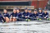 The Boat Race season 2018 - Women's Boat Race Trial Eights (OUWBC, Oxford): Rowing towards the start line in the rain - "Great Typhoon" with cox Jessica Buck, stroke Alice Roberts,  7 Abigail Killen, 6 Sara Kushma, 5 Olivia Pryer, 4 Linda Van Bijsterveldt, 3 Madeline Goss, 2 Laura Depner, bow Matilda Edwards.
River Thames between Putney Bridge and Mortlake,
London SW15,

United Kingdom,
on 21 January 2018 at 14:24, image #38