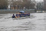 The Boat Race season 2018 - Women's Boat Race Trial Eights (OUWBC, Oxford): "Great Typhoon" passing the boat houses on Putney Embankment - cox Jessica Buck, stroke Alice Roberts,  7 Abigail Killen, 6 Sara Kushma, 5 Olivia Pryer, 4 Linda Van Bijsterveldt, 3 Madeline Goss, 2 Laura Depner, bow Matilda Edwards.
River Thames between Putney Bridge and Mortlake,
London SW15,

United Kingdom,
on 21 January 2018 at 14:28, image #67