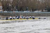 The Boat Race season 2018 - Women's Boat Race Trial Eights (OUWBC, Oxford): "Coursing River" passing the boat houses on Putney Embankment - cox Ellie Shearer, stroke Beth Bridgman, 7 Juliette Perry, 6 Katherine Erickson, 5 Morgan McGovern, 4 Anna Murgatroyd, 3 Stefanie Zekoll, 2 Rachel Anderson, bow Sarah Payne-Riches.
River Thames between Putney Bridge and Mortlake,
London SW15,

United Kingdom,
on 21 January 2018 at 14:28, image #69