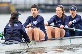 The Boat Race season 2018 - Women's Boat Race Trial Eights (OUWBC, Oxford): "Great Typhoon" passing the boat houses on Putney Embankment - cox Jessica Buck, stroke Alice Roberts,  7 Abigail Killen, 6 Sara Kushma.
River Thames between Putney Bridge and Mortlake,
London SW15,

United Kingdom,
on 21 January 2018 at 14:29, image #72