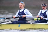 The Boat Race season 2018 - Women's Boat Race Trial Eights (OUWBC, Oxford): "Coursing River" -  stroke Beth Bridgman, 7 Juliette Perry.
River Thames between Putney Bridge and Mortlake,
London SW15,

United Kingdom,
on 21 January 2018 at 14:38, image #130