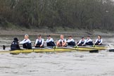 The Boat Race season 2018 - Women's Boat Race Trial Eights (OUWBC, Oxford): "Coursing River" approaching Chiswick Pier - cox Ellie Shearer, stroke Beth Bridgman, 7 Juliette Perry, 6 Katherine Erickson, 5 Morgan McGovern, 4 Anna Murgatroyd, 3 Stefanie Zekoll, 2 Rachel Anderson, bow Sarah Payne-Riches.
River Thames between Putney Bridge and Mortlake,
London SW15,

United Kingdom,
on 21 January 2018 at 14:39, image #133