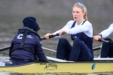 The Boat Race season 2018 - Women's Boat Race Trial Eights (OUWBC, Oxford): "Coursing River" approaching Chiswick Pier - cox Ellie Shearer, stroke Beth Bridgman.
River Thames between Putney Bridge and Mortlake,
London SW15,

United Kingdom,
on 21 January 2018 at 14:39, image #141