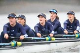 The Boat Race season 2018 - Women's Boat Race Trial Eights (OUWBC, Oxford): "Great Typhoon" - 5 Olivia Pryer, 4 Linda Van Bijsterveldt, 3 Madeline Goss, 2 Laura Depner, bow Matilda Edwards.
River Thames between Putney Bridge and Mortlake,
London SW15,

United Kingdom,
on 21 January 2018 at 14:42, image #149