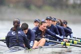 The Boat Race season 2018 - Women's Boat Race Trial Eights (OUWBC, Oxford): "Great Typhoon" after the race, here cox Jessica Buck, stroke Alice Roberts,  7 Abigail Killen, 6 Sara Kushma, 5 Olivia Pryer, 4 Linda Van Bijsterveldt, 3 Madeline Goss, 2 Laura Depner, bow Matilda Edwards.
River Thames between Putney Bridge and Mortlake,
London SW15,

United Kingdom,
on 21 January 2018 at 14:47, image #183