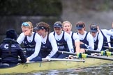 The Boat Race season 2018 - Women's Boat Race Trial Eights (OUWBC, Oxford): "Coursing River" after the race, here cox Ellie Shearer, stroke Beth Bridgman, 7 Juliette Perry, 6 Katherine Erickson, 5 Morgan McGovern, 4 Anna Murgatroyd, 3 Stefanie Zekoll, 2 Rachel Anderson, bow Sarah Payne-Riches.
River Thames between Putney Bridge and Mortlake,
London SW15,

United Kingdom,
on 21 January 2018 at 14:47, image #184