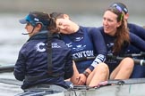 The Boat Race season 2018 - Women's Boat Race Trial Eights (OUWBC, Oxford): "Great Typhoon" after the race, here cox Jessica Buck, stroke Alice Roberts,  7 Abigail Killen, 6 Sara Kushma.
River Thames between Putney Bridge and Mortlake,
London SW15,

United Kingdom,
on 21 January 2018 at 14:47, image #185