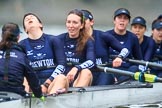 The Boat Race season 2018 - Women's Boat Race Trial Eights (OUWBC, Oxford): "Great Typhoon" after the race, here cox Jessica Buck, stroke Alice Roberts,  7 Abigail Killen, 6 Sara Kushma, 5 Olivia Pryer, 4 Linda Van Bijsterveldt, 3 Madeline Goss.
River Thames between Putney Bridge and Mortlake,
London SW15,

United Kingdom,
on 21 January 2018 at 14:47, image #186