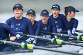 The Boat Race season 2018 - Women's Boat Race Trial Eights (OUWBC, Oxford): "Great Typhoon" after the race, here 5 Olivia Pryer, 4 Linda Van Bijsterveldt, 3 Madeline Goss, 2 Laura Depner, bow Matilda Edwards.
River Thames between Putney Bridge and Mortlake,
London SW15,

United Kingdom,
on 21 January 2018 at 14:47, image #187