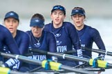 The Boat Race season 2018 - Women's Boat Race Trial Eights (OUWBC, Oxford): "Great Typhoon" after the race, here 4 Linda Van Bijsterveldt, 3 Madeline Goss, 2 Laura Depner, bow Matilda Edwards.
River Thames between Putney Bridge and Mortlake,
London SW15,

United Kingdom,
on 21 January 2018 at 14:47, image #188