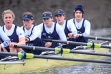 The Boat Race season 2018 - Women's Boat Race Trial Eights (OUWBC, Oxford): "Coursing River" after the race, here 5 Morgan McGovern, 4 Anna Murgatroyd, 3 Stefanie Zekoll, 2 Rachel Anderson, bow Sarah Payne-Riches.
River Thames between Putney Bridge and Mortlake,
London SW15,

United Kingdom,
on 21 January 2018 at 14:49, image #193