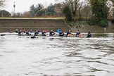 The Boat Race season 2018 - Women's Boat Race Trial Eights (OUWBC, Oxford): "Great Typhoon" and "Coursing River" after the race, on the way back to the Putney boat houses.
River Thames between Putney Bridge and Mortlake,
London SW15,

United Kingdom,
on 21 January 2018 at 14:49, image #195