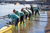 The Women's Boat Race season 2018 - fixture CUWBC vs. ULBC: CUWBC getting their boat ready.
River Thames between Putney Bridge and Mortlake,
London SW15,

United Kingdom,
on 17 February 2018 at 12:29, image #3