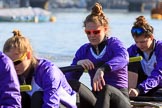 The Women's Boat Race season 2018 - fixture CUWBC vs. ULBC: ULBC 4 seat Katherine Barnhill, 3 Fionnuala Gannon, 2 Robyn Hart-Winks.
River Thames between Putney Bridge and Mortlake,
London SW15,

United Kingdom,
on 17 February 2018 at 12:33, image #15