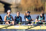 The Women's Boat Race season 2018 - fixture CUWBC vs. ULBC: CUWBC getting ready for the race - 4 Paula Wesselmann, 5 Thea Zabell, 6 Anne Beenken, 7 Imogen Grant.
River Thames between Putney Bridge and Mortlake,
London SW15,

United Kingdom,
on 17 February 2018 at 13:06, image #32