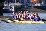 The Women's Boat Race season 2018 - fixture CUWBC vs. ULBC: ULBC at Putney Bridge, getting ready for the race - bow Ally French, 2 Robyn Hart-Winks, 3 Fionnuala Gannon, 4 Katherine Barnhill, 5 Hannah Roberts, 6 Oonagh Cousins, 7 Jordan Cole-Huissan, stroke Issy Powel, cox Lauren Holland.
River Thames between Putney Bridge and Mortlake,
London SW15,

United Kingdom,
on 17 February 2018 at 13:08, image #34