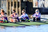 The Women's Boat Race season 2018 - fixture CUWBC vs. ULBC: Waiting for the race to be started - ULBC with 4 Paula Wesselmann, 3 Alice White, 2 Myriam Goudet-Boukhatmi, bow Olivia Coffey.
River Thames between Putney Bridge and Mortlake,
London SW15,

United Kingdom,
on 17 February 2018 at 13:09, image #37