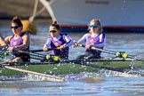 The Women's Boat Race season 2018 - fixture CUWBC vs. ULBC: ULBC near the boat houses, here 3 Fionnuala Gannon, 2 Robyn Hart-Winks, bow Ally French.
River Thames between Putney Bridge and Mortlake,
London SW15,

United Kingdom,
on 17 February 2018 at 13:09, image #49