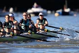 The Women's Boat Race season 2018 - fixture CUWBC vs. ULBC: CUWBC extending their lead near the Putney boat houses, here 6 Anne Beenken, 5 Thea Zabell, 4 Paula Wesselmann, 3 Alice White, 2 Myriam Goudet-Boukhatmi, bow Olivia Coffey.
River Thames between Putney Bridge and Mortlake,
London SW15,

United Kingdom,
on 17 February 2018 at 13:10, image #52