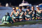 The Women's Boat Race season 2018 - fixture CUWBC vs. ULBC: CUWBC extending their lead near the Putney boat houses - here cox Sophie Shapter, stroke Tricia Smith, 7 Imogen Grant, 6 Anne Beenken, 5 Thea Zabell, 4 Paula Wesselmann.
River Thames between Putney Bridge and Mortlake,
London SW15,

United Kingdom,
on 17 February 2018 at 13:10, image #54