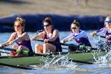 The Women's Boat Race season 2018 - fixture CUWBC vs. ULBC: ULBC working hard to catch up, here 4 Katherine Barnhill, 3 Fionnuala Gannon, 2 Robyn Hart-Winks, bow Ally French.
River Thames between Putney Bridge and Mortlake,
London SW15,

United Kingdom,
on 17 February 2018 at 13:10, image #55