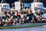 The Women's Boat Race season 2018 - fixture CUWBC vs. ULBC: CUWBC extending their lead near the Putney boat houses - here stroke Tricia Smith, 7 Imogen Grant, 6 Anne Beenken, 5 Thea Zabell, 4 Paula Wesselmann, 3 Alice White, 2 Myriam Goudet-Boukhatmi, bow Olivia Coffey.
River Thames between Putney Bridge and Mortlake,
London SW15,

United Kingdom,
on 17 February 2018 at 13:10, image #59